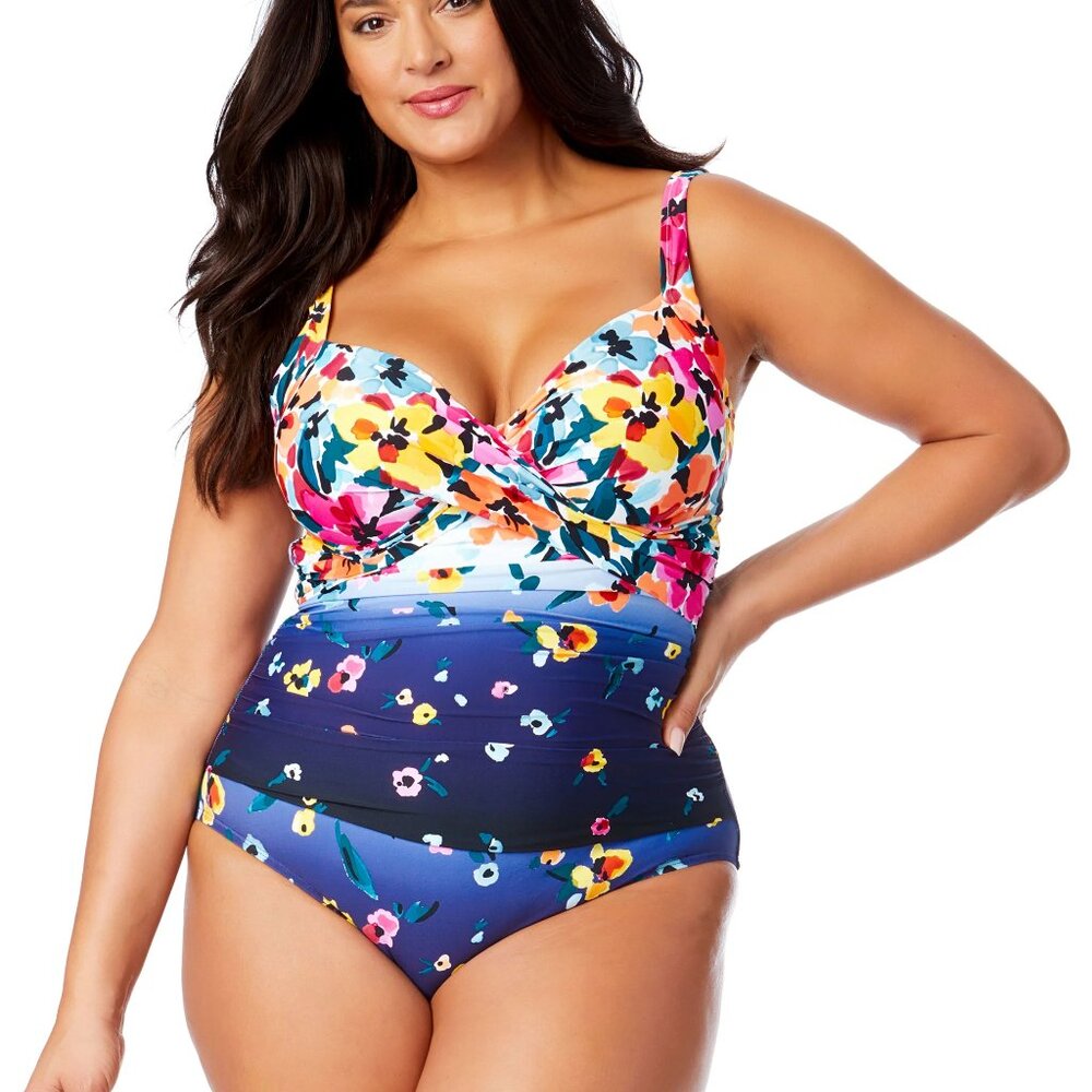 Anne Cole Plus Gradient Floral Underwire Surplice One-Piece Swimsuit | Size 14 |
